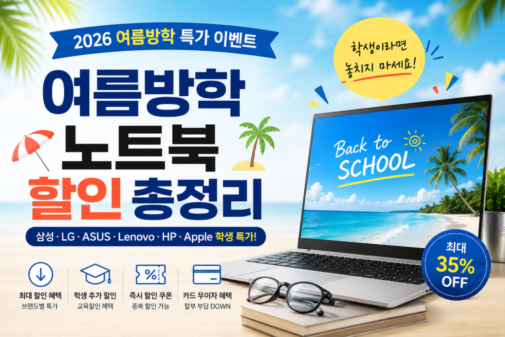 2026 여름방학 노트북 할인 행사 정보를 한눈에 정리했습니다. 삼성, LG, ASUS, Lenovo, HP, Dell, Apple 교육할인까지 가장 저렴하게 구매하는 방법을 확인하세요.